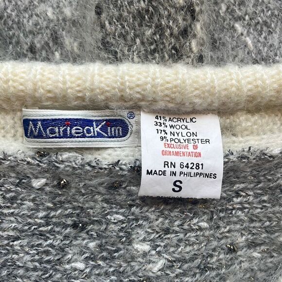 Mariea Kim Vintage Grey Cream Floral 3D Appliqué Wool Blend Sweater Small - Picture 7 of 9